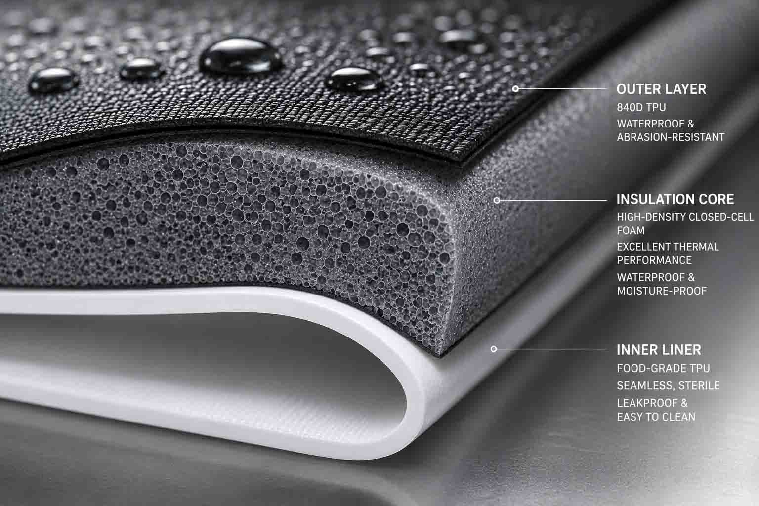 Cross-section of high-density closed-cell foam insulation used in medical-grade cooler backpacks.