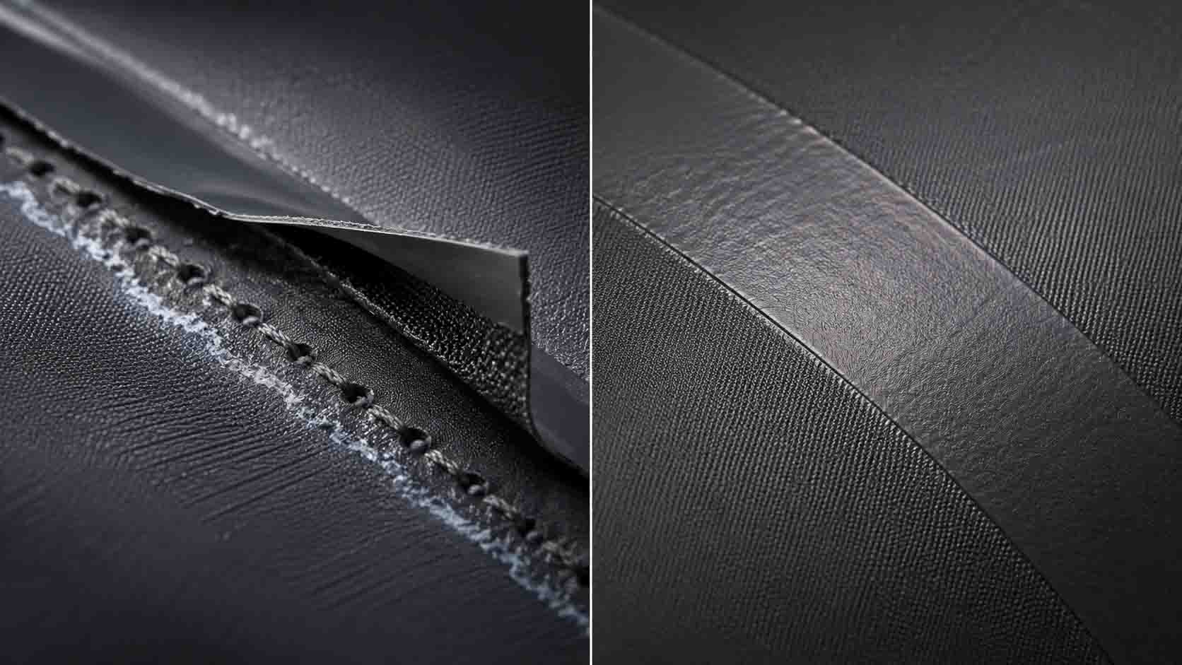 Close-up comparison of a welded dry bag seam versus a stitched-and-taped seam