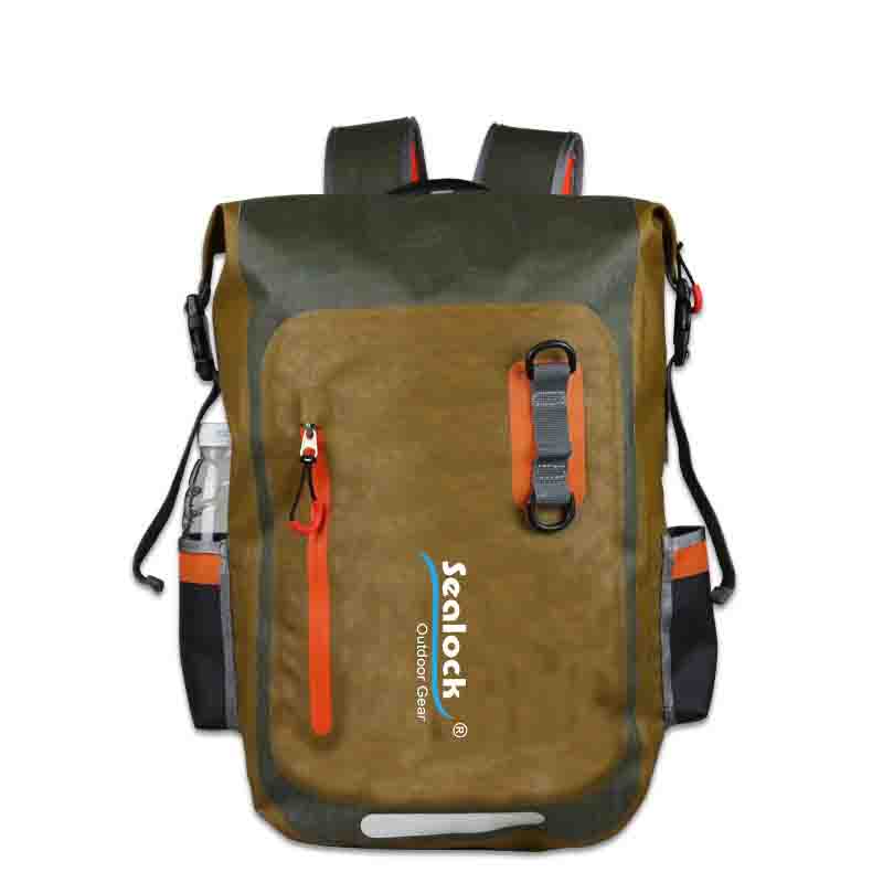 20L Roll Top Waterproof Backpack with Laptop Sleeve worn during a wet city commute and outdoor trail hike