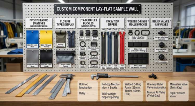 Customizable component samples for Sealock OEM waterproof bags – fabric, openings, zippers, buckles, D-rings, air valves.