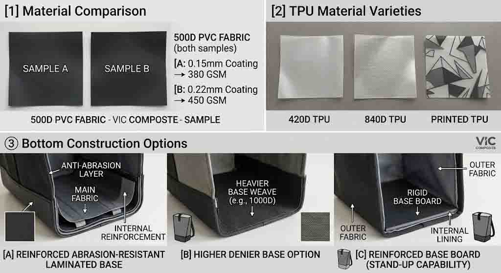 Duffel material stack — scrim and denier, coating type and thickness, GSM comparison, and three base panel constructions