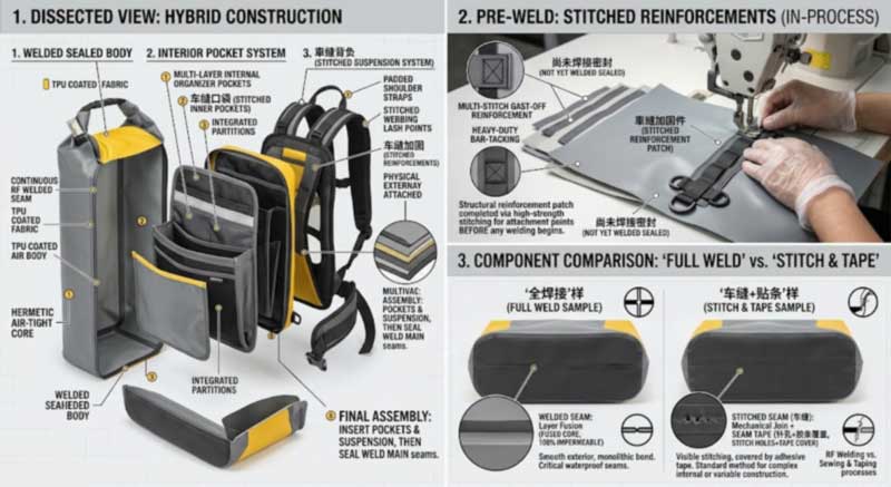 Hybrid construction — welded sealed body with sewn harness and pockets, load-bearing stitching completed on flat panels before sealing, and part samples in both constructions