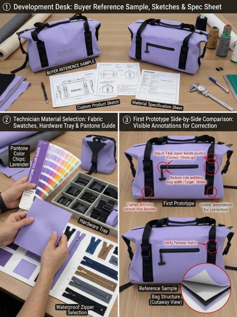 Buyer reference sample, sketch and spec sheet on the development bench, material and hardware selection, and a first sample compared against the reference