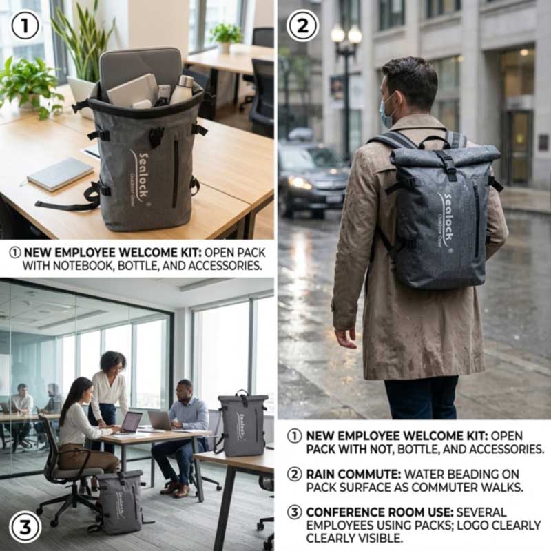 Branded waterproof backpack as a new-hire onboarding kit container, used by a commuter in rain, and carried by employees in an office setting